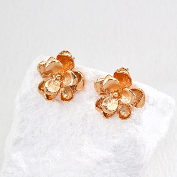 Handmade Jewelry - 🌸 Artisan Original 3D Sculptural Flower Stud Earrings | S925 Gold